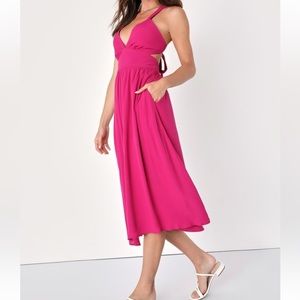 Lulu’s “Bold New Look” Magenta Tie-Back Midi Dress, size M; NWOT